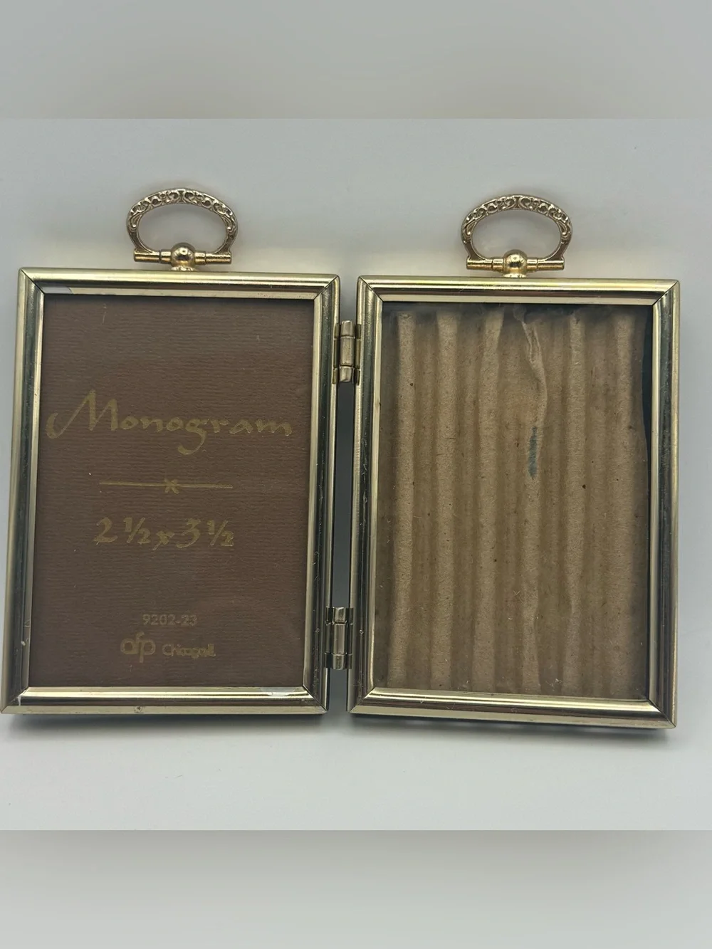Vintage Monogram Brass Tone Double Hinged Picture Frame 2.5x3.5 Folding Photo